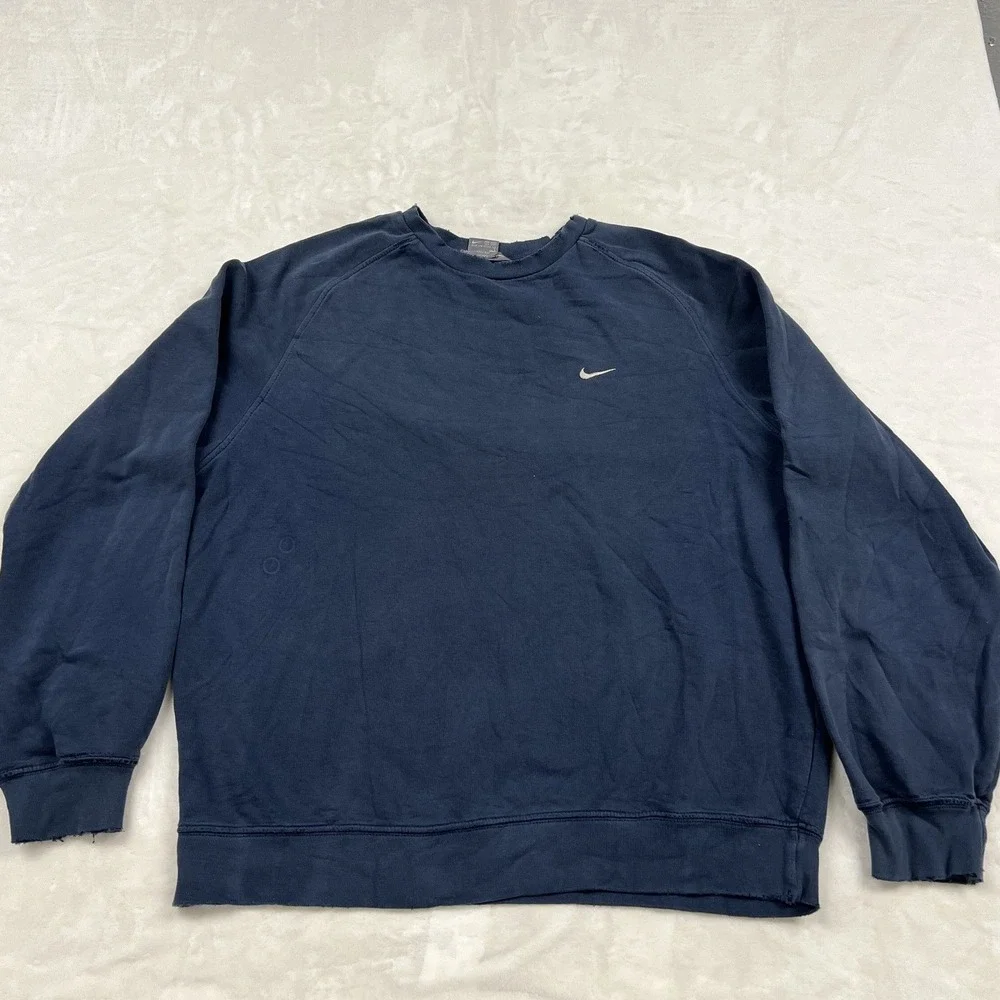 Nike Sweatshirt Mens L Navy Blue Embroidered Swoosh Raglan Fleece Pullover